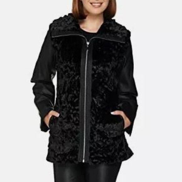 Dennis Basso Faux Fur Vegan Leather Zip Front Jacket w/ Zip-Off Sleeves NEW - Picture 1 of 14